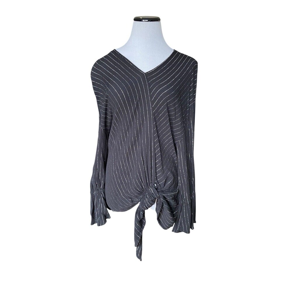 Juicy Couture Pinstripe Tie Front Top Size L Black Bell Sleeve Witchy Whimsygoth